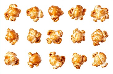 Aufkleber - Delicious Caramel Popcorn Popped Treats Arranged in a Grid on White Background : Generative AI