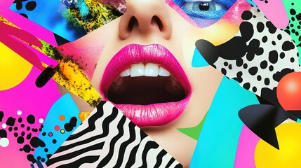 Poster - A vivid pop art collage featuring a womans face and mouth