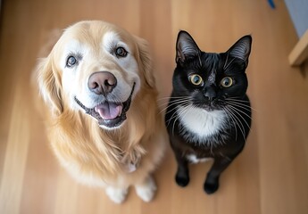 Aufkleber - Happy golden retriever and curious black cat posing together with joyful expressions indoors : Generative AI