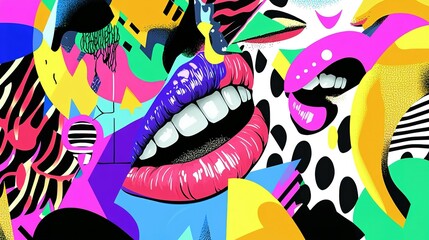 Poster - Bright and colorful abstract art depicting smiling lips and shapes