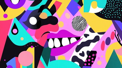 Poster - Colorful abstract illustration featuring geometric shapes and stylized facial features