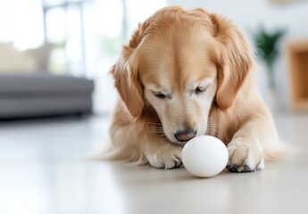 Poster - Golden retriever curiously observing a white egg on a bright living room floor : Generative AI