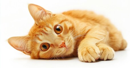 Poster - Cute ginger cat lying on a soft surface with big expressive eyes looking at the camera : Generative AI