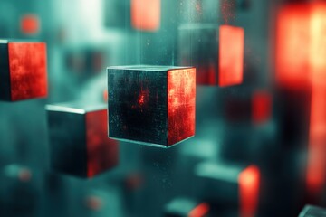 Poster - Floating Abstract Blocks with Red and Blue Glowing Reflection in Dark Background