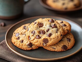 Poster - Freshly baked chocolate chip cookies arranged beautifully on a rustic wooden table : Generative AI
