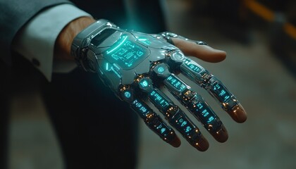 Poster - Futuristic robotic hand with glowing technology and intricate design in a modern setting