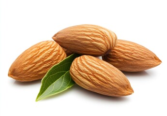 Poster - Organic raw almonds with green leaves on a clean background promoting healthy eating and natural foods : Generative AI