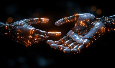 Poster - Glowing Robotic Hands Reaching Towards Each Other in a Futuristic Interaction Scene