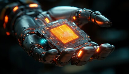 Poster - Futuristic Robotic Hand Holding Advanced Technology Chip with Glowing Details