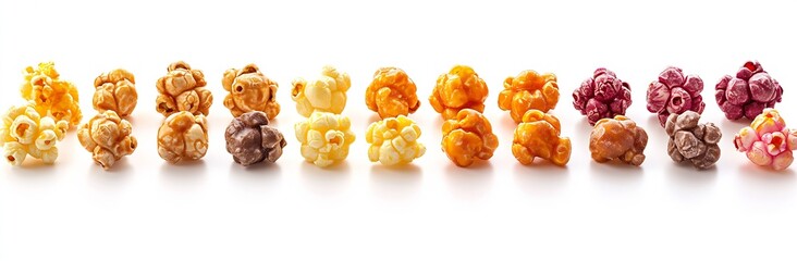Aufkleber - Charming assortment of sweet and savory popcorn in various shades arranged artistically on a white background : Generative AI