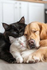 Poster - Cute trio of a golden retriever and two cozy cats snuggling together in warmth : Generative AI