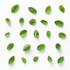 Poster - Fresh mint leaves neatly arranged on a clean white background ideal for health and wellness themes : Generative AI
