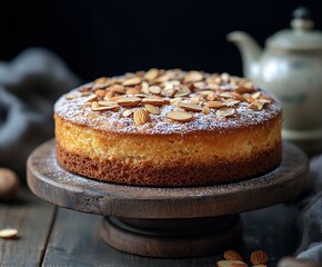 Poster - Mouthwatering almond cake dusted with powdered sugar and topped with almond slices on a wooden stand : Generative AI