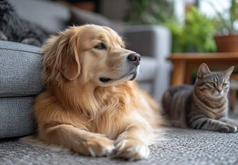 Poster - Golden Retriever and Tabby Cat Watching Calmly Together in a Cozy Indoor Space : Generative AI