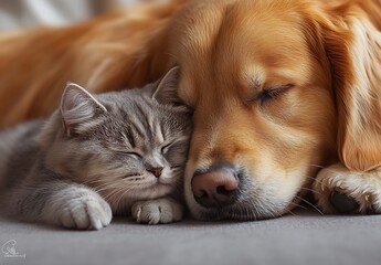 Poster - Adorable golden retriever and fluffy gray cat peacefully sleeping together on a cozy blanket : Generative AI