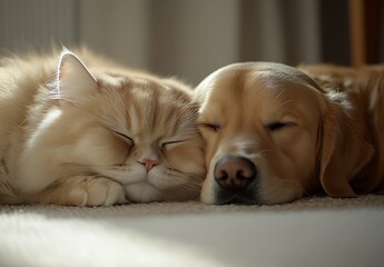 Poster - Adorable Cat and Dog Cuddling Together in a Warm Sunlit Room : Generative AI