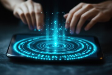 Poster - Hands Interacting with Digital Tablet Generating Glowing Circular Energy Patterns
