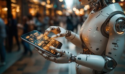 Poster - Futuristic Robot Operating Tablet in Busy Urban Environment with Glowing Interface