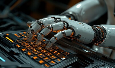 Poster - Robotic Hand Touching Keyboard With Glowing Orange Lights In Futuristic Environment