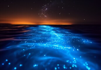 Poster - Enchanting blue glow over the ocean at night reflecting starlight in a captivating cosmic scene : Generative AI