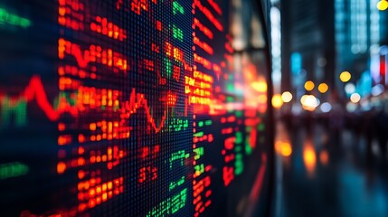 Poster - Dynamic financial market display featuring stock prices and data on an electronic trading board at night : Generative AI