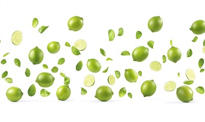 Aufkleber - Fresh limes and lime slices floating in midair creating an exciting and vibrant composition on a white background : Generative AI