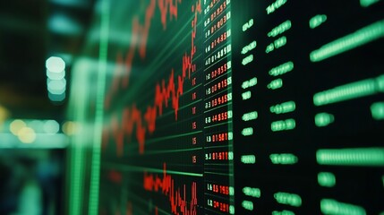 Fototapete - Close up of a digital stock market chart displaying fluctuating green and red lines indicating price changes : Generative AI