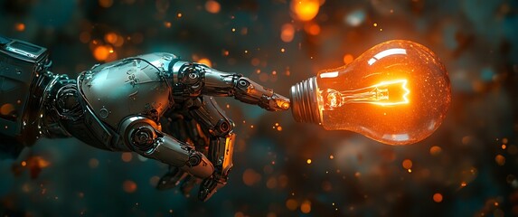 Fototapete - Robotic hand gently touching a glowing light bulb with sparks illustrating the power of innovation and creativity : Generative AI