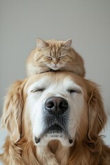 Poster - Content golden retriever happily resting with a cute sleepy cat on its head in a serene indoor ambiance : Generative AI