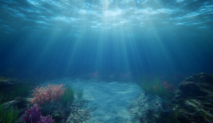 Poster - Serene underwater landscape showcasing vibrant corals and gentle light beams filtering through the ocean water : Generative AI