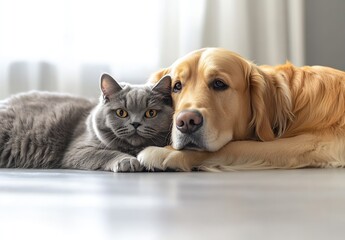 Poster - Adorable moments captured between a grey cat and a golden retriever in a sunlit room : Generative AI