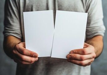 Poster - Person holding two blank white cards in front of them showcasing clean design and presentation : Generative AI