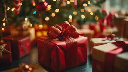 Aufkleber - Beautifully wrapped Christmas gift boxes with decorative bows and sparkly finishes nestled under a tree : Generative AI