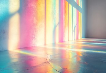 Aufkleber - Soft pastel light creating a rainbow effect against a textured wall and floor : Generative AI