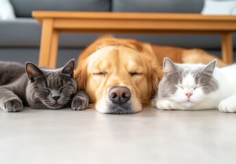 Poster - Adorable scene of a golden retriever and two cats napping peacefully in a cozy living room : Generative AI