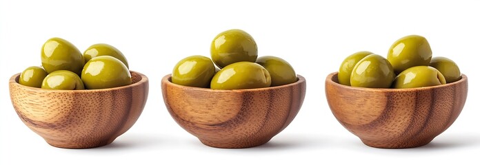 Poster - Glossy Green Olives Arranged in Elegant Wooden Bowls for Cuisine : Generative AI