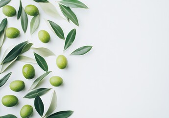 Aufkleber - Scattered green olives and olive leaves on a white background highlighting nature's bounty and organic food beauty : Generative AI