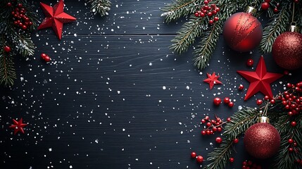 Aufkleber - Festive Christmas decorations with red ornaments and pine branches on a dark wooden table covered in snow : Generative AI