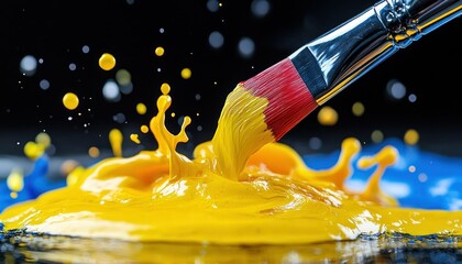 Poster - Vibrant Yellow Paint Splash with Brush in Close-Up on Black Background