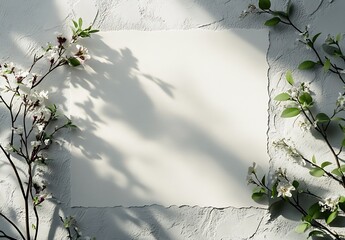 Aufkleber - Minimalist Design Featuring Blank Sheet Surrounded by Delicate Flowers and Leaves for Artistic Use : Generative AI