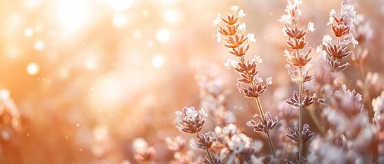 Poster - Beautiful Lavender Flowers in Sunny Field Captured in Soft Light During Golden Hour : Generative AI