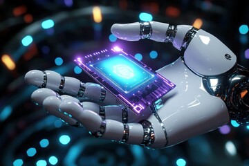 Poster - Futuristic Robot Hand Holding Glowing Electronic Circuit Board in High-Tech Environment