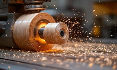 Poster - Woodworking Process with Lathe Creating Shavings and Sparks in Machinery Workshop