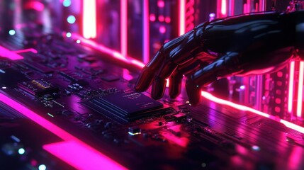 Poster - Robotic Hand Touching Circuit Board with Neon Lights for Futuristic Technology Themes