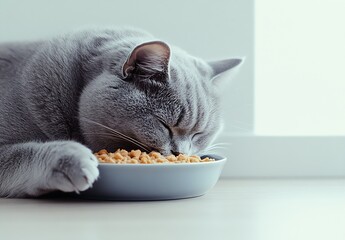 Poster - Sleepy grey cat napping with its head resting on a bowl full of crunchy food in a sunlit room : Generative AI