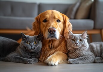 Poster - Charming golden retriever snuggled between two beautiful cats enjoying peaceful moments together : Generative AI