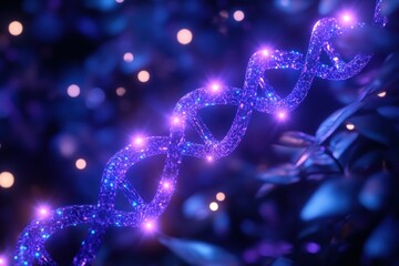 Aufkleber - Glowing DNA Helix with Sparkles Against a Soft, Dark Background for Science Themes