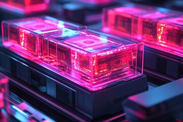 Poster - Neon Dollar Bills in Transparent Blocks with Colorful Lighting in Modern Setting