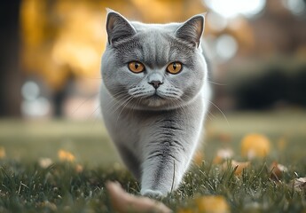 Poster - Stunning Gray British Shorthair Cat With Intense Orange Eyes Strolling Gracefully Over Autumn Grass : Generative AI