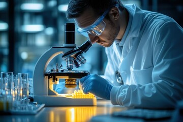 Poster - Scientist Examining Samples Under Microscope in Laboratory with Blue Lighting Effects